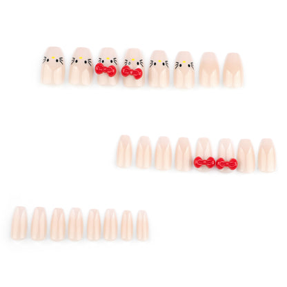 Naked white gradual change  short ballet manicure fake nail cute cat three-dimensional bow ｜365nails