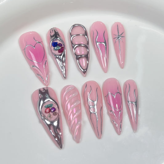 Handemade press on nails Colored Stone Baroque Metal Blush Nail Creative Hand Painted Lines Sweet Cool Nail Art｜365nails