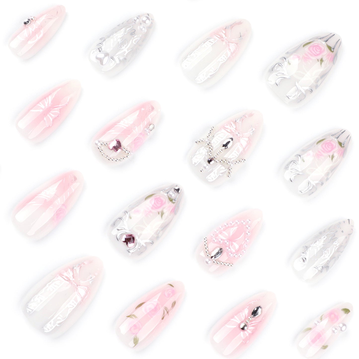 Sweet pink rose blush bow removable press-on nails