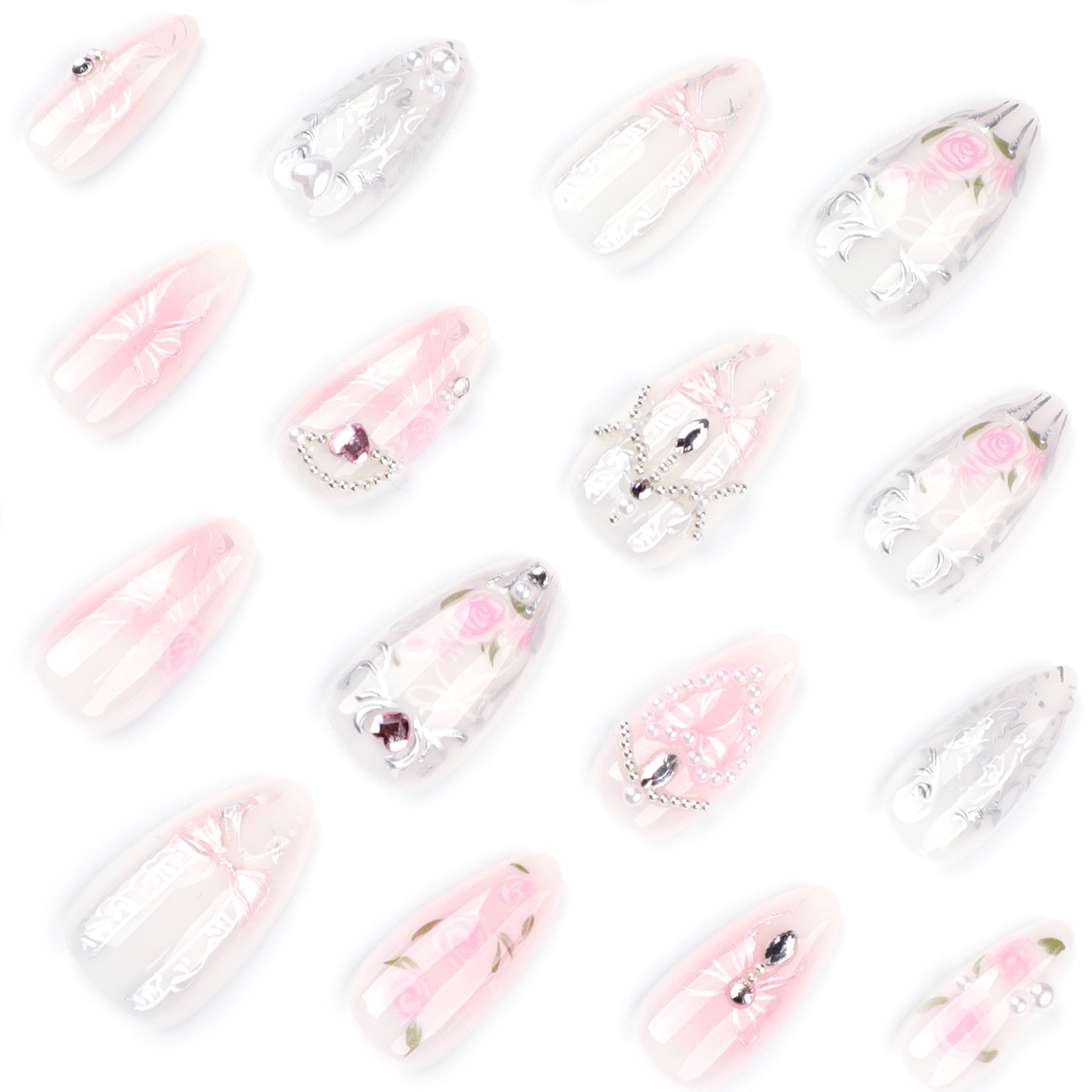 Sweet pink rose blush bow removable press-on nails