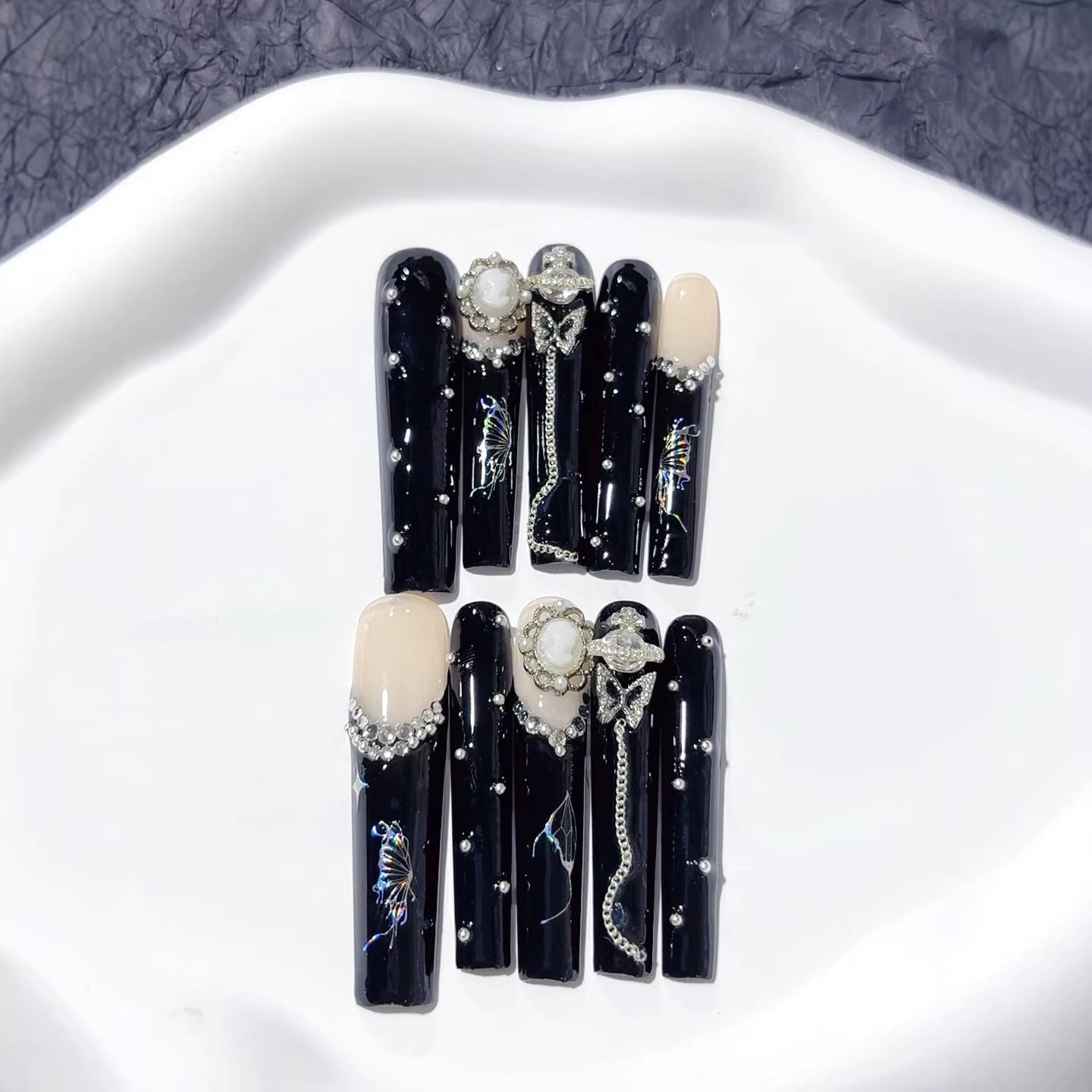 Dark Gothic Pearl Butterfly Luxe Press On Nails