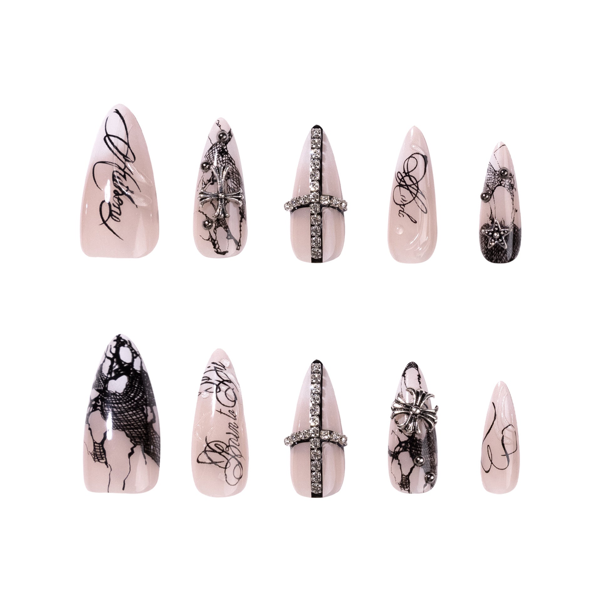 365nails: "Gothic Cross Lace Stiletto" – Rhinestone & Letter Press-on Nails