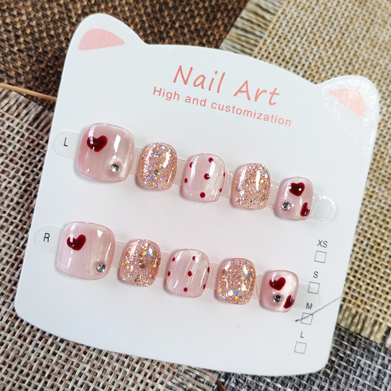 365nails: "ruby heart sparkle" – short wide handmade kids press-on nails