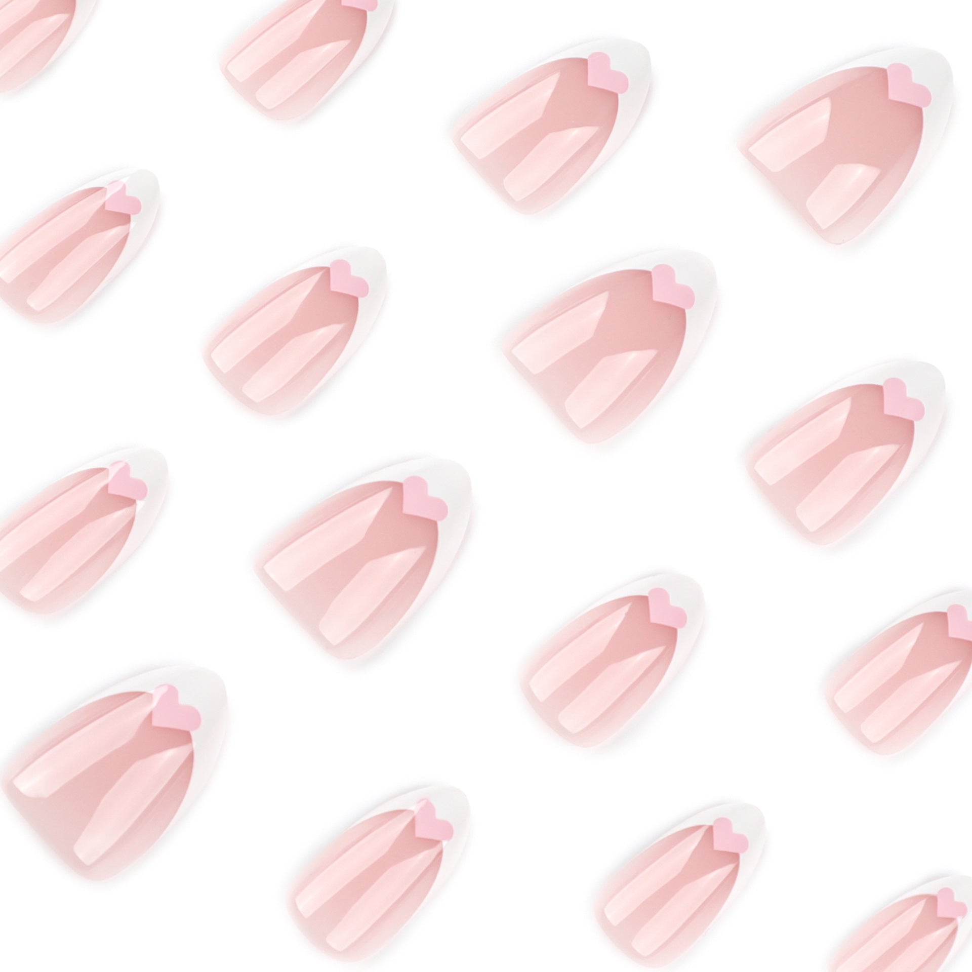 Unhas postiças francesas simples com bordas brancas, peça de unha curta amendoada, arte de unha rosa, amor, removível, atacado ｜365nails