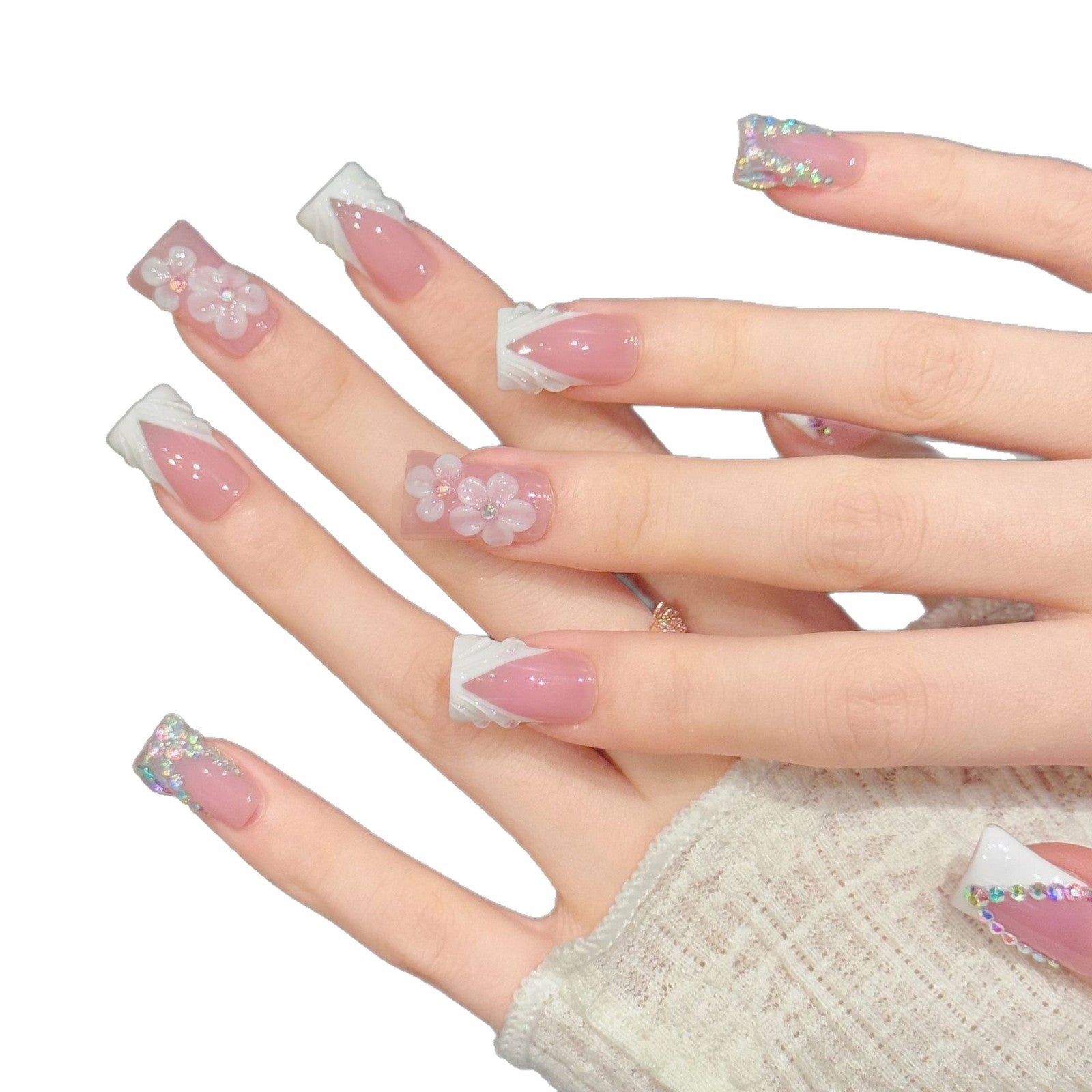 365nails: "Voile de fleurs" – Fleurs 3D et cristaux, fait main, ongles press-on forme coffin