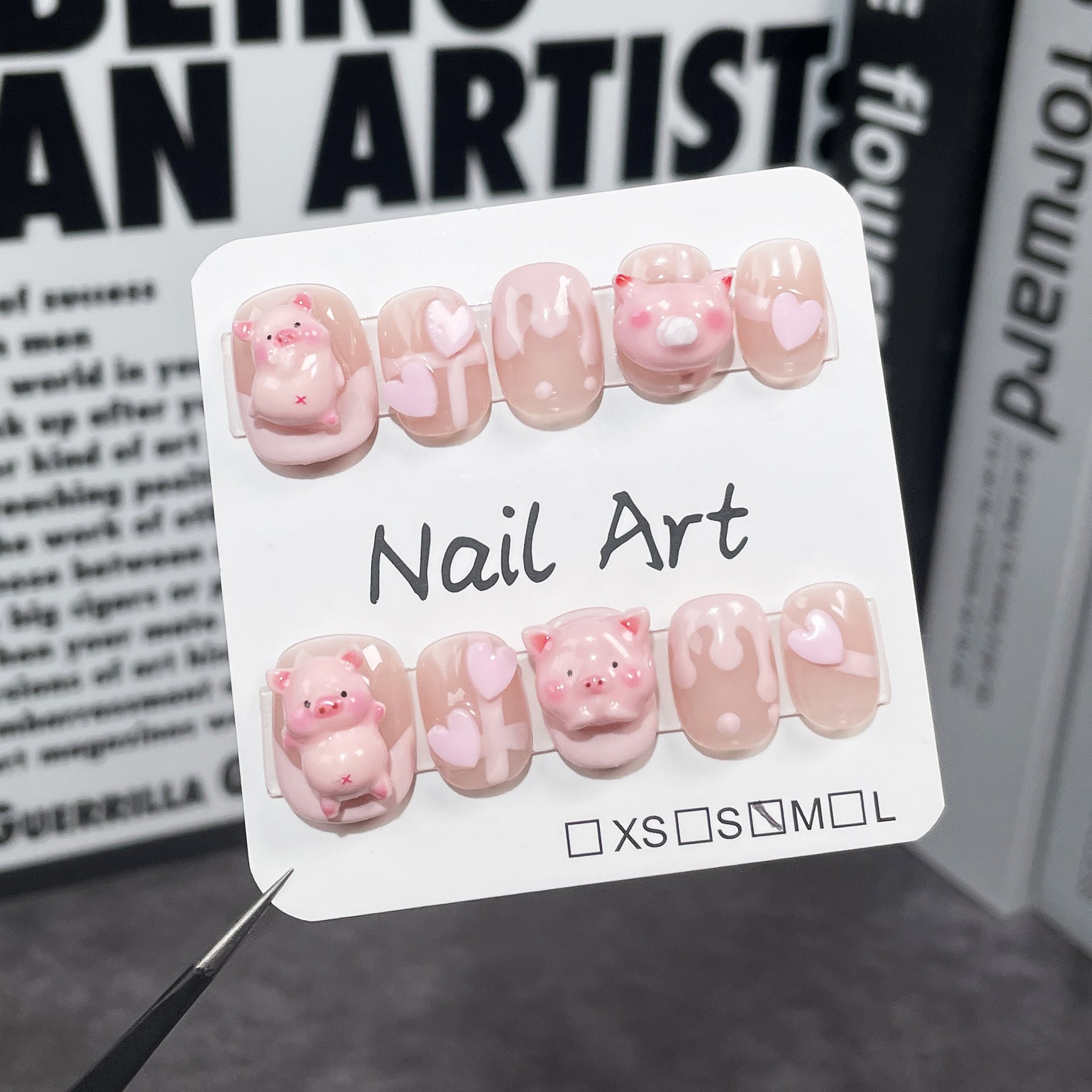 Uñas postizas hechas a mano, diseño de cerdito dulce y tierno, uñas cortas, uñas francesas, pegatinas para usar, uñas Yiwu Nail Art｜365nails
