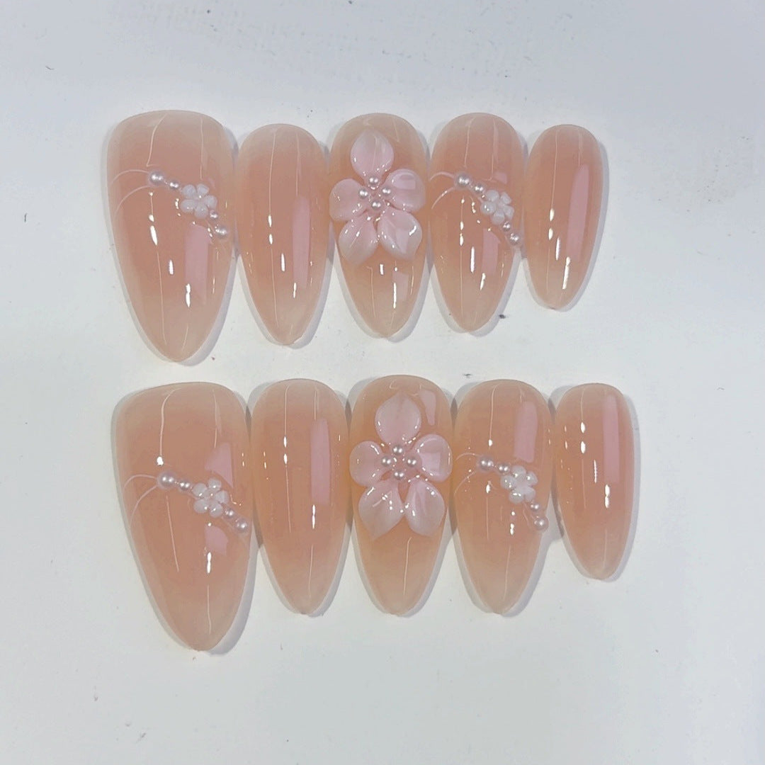 365nails: "블러쉬 사쿠라 체인" – 미디엄 아몬드형 누드-핑크 플로럴 수제 프레스온 네일