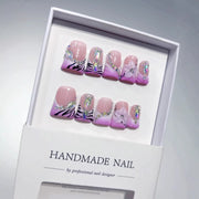 365nails: "紫色斑馬魅" – 短款 方形 粉紫漸層 斑馬紋 手工製 穿戴甲