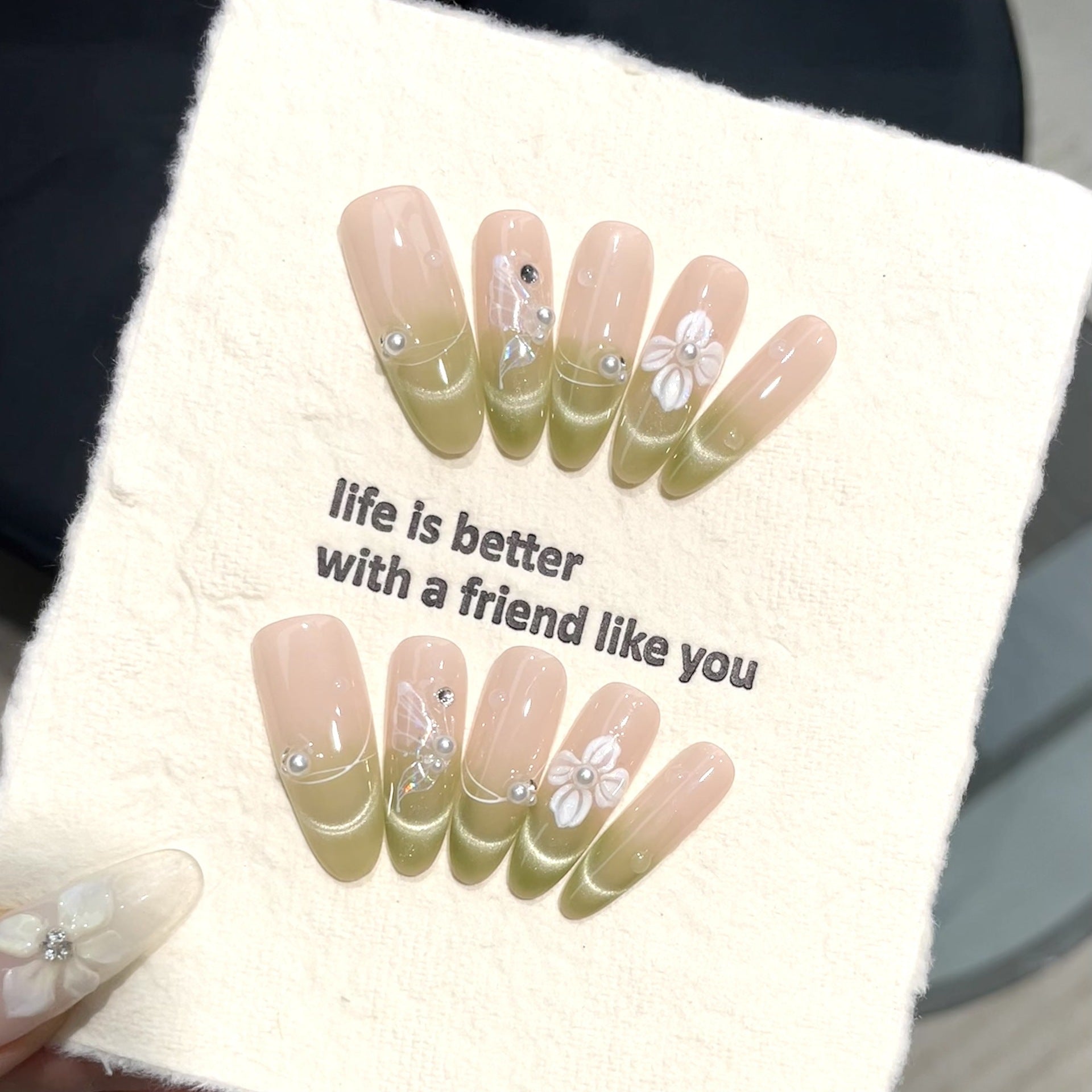 365nails: "Verdant Bloom" – 3D Floral Handmade Short Square Nails