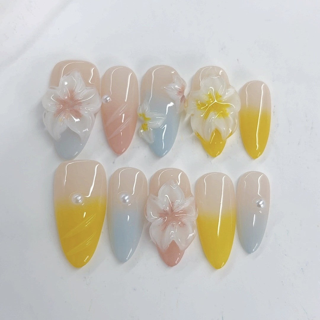 365nails - 粉彩夢境：彩虹花 — 杏仁形 手工製 立體雕刻 穿戴甲