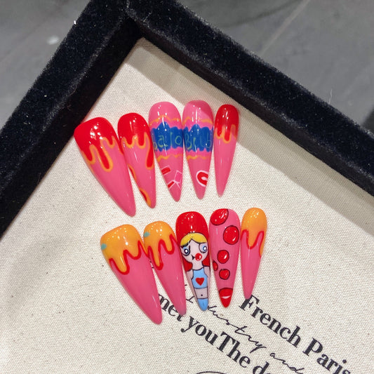 Pink flying policewoman pure hand-painted  nail long water drop pure hand-painted press-on nails  nail art | 365nails