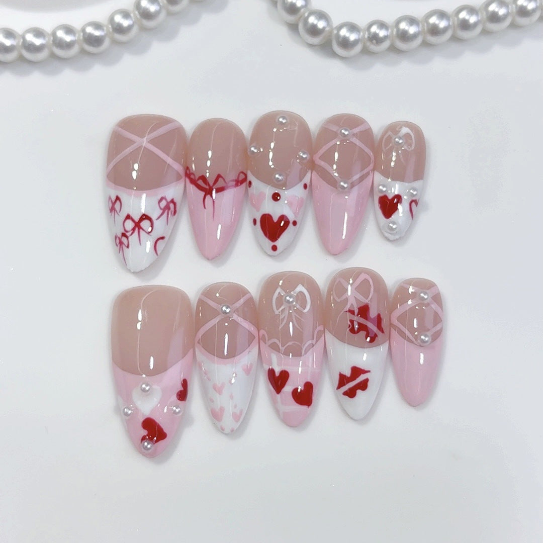Coquette Romance: "Pink Bow Heart" – Almond Shape Handmade Press-Ons