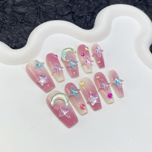 Adesivo de unha feito à mão, transparente, mocha, estrela, médio e longo, blush roxo, adesivo de unha usável ｜ 365nails