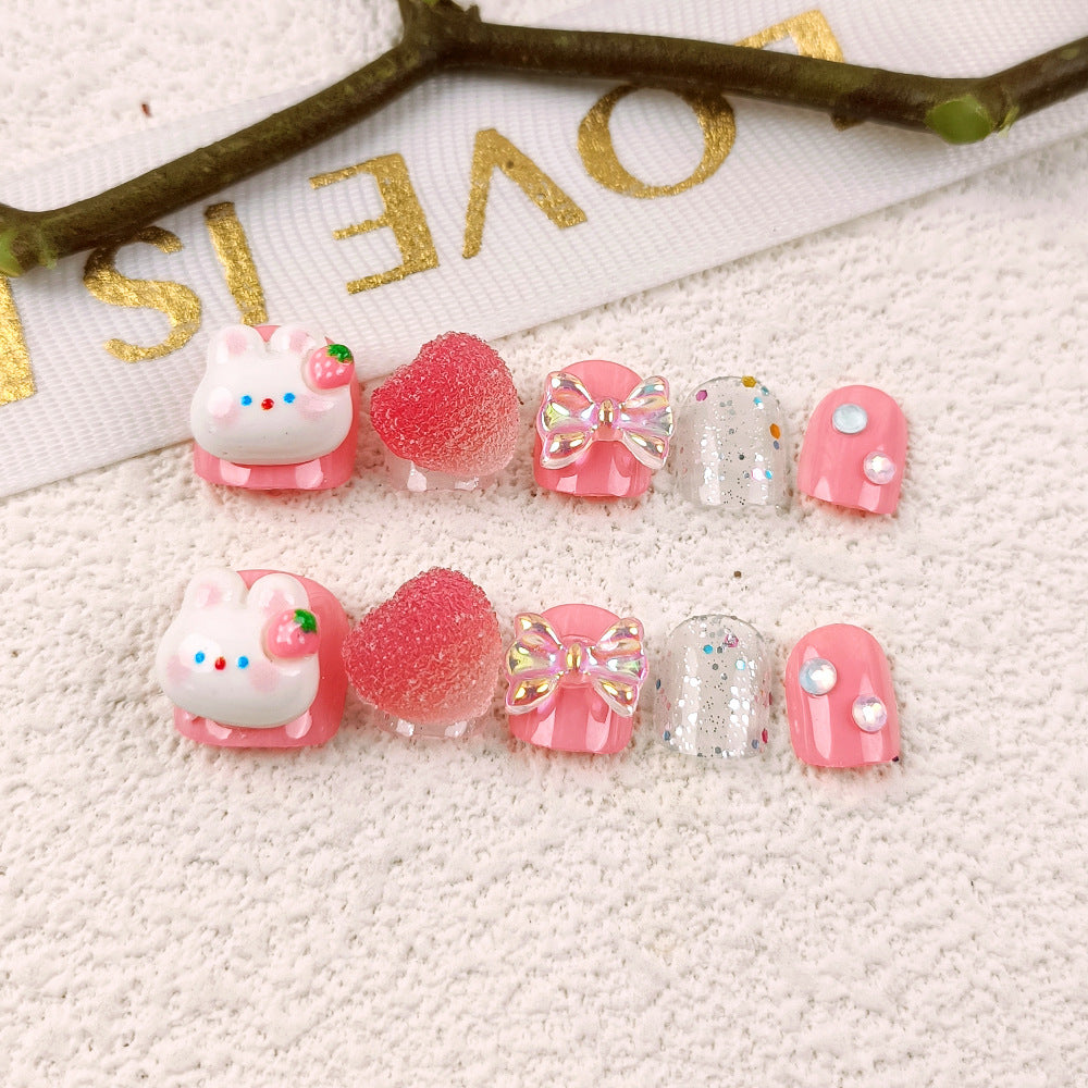 10 three-dimensional love nail pieces, cartoon children's bow wearing nail pieces 3D diamond-encrusted children's nail patches