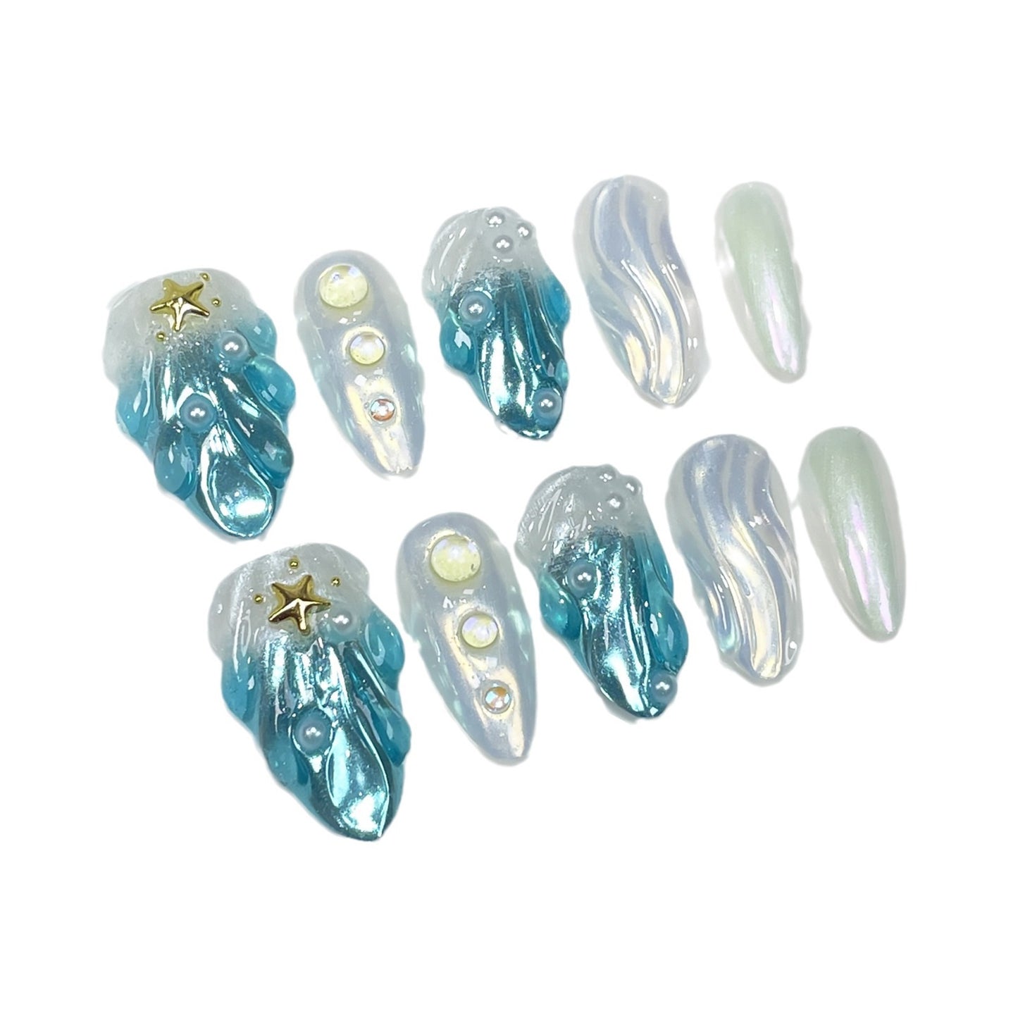 Summer Cool Shell Skirt Ice Muscle Ocean Handmade Press-on Nails Aurora Nail Cat Eye  Almond Nail Batch｜365nails