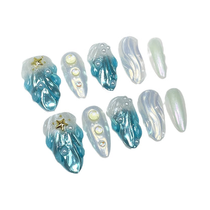 Summer Cool Shell Skirt Ice Muscle Ocean Handmade Press-on Nails Aurora Nail Cat Eye  Almond Nail Batch｜365nails