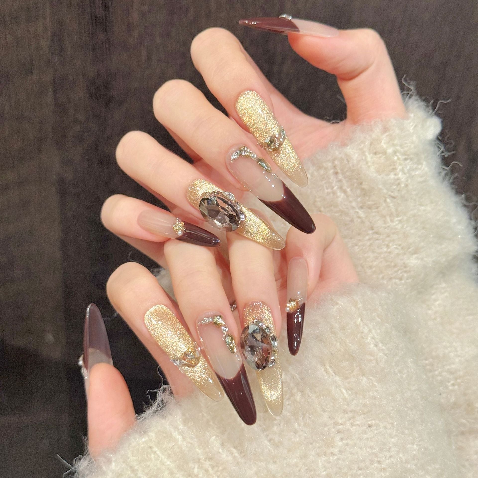 365nails: "Midnight Mocha" – Gold Leaf & Gemstone Handmade Coffin Nails