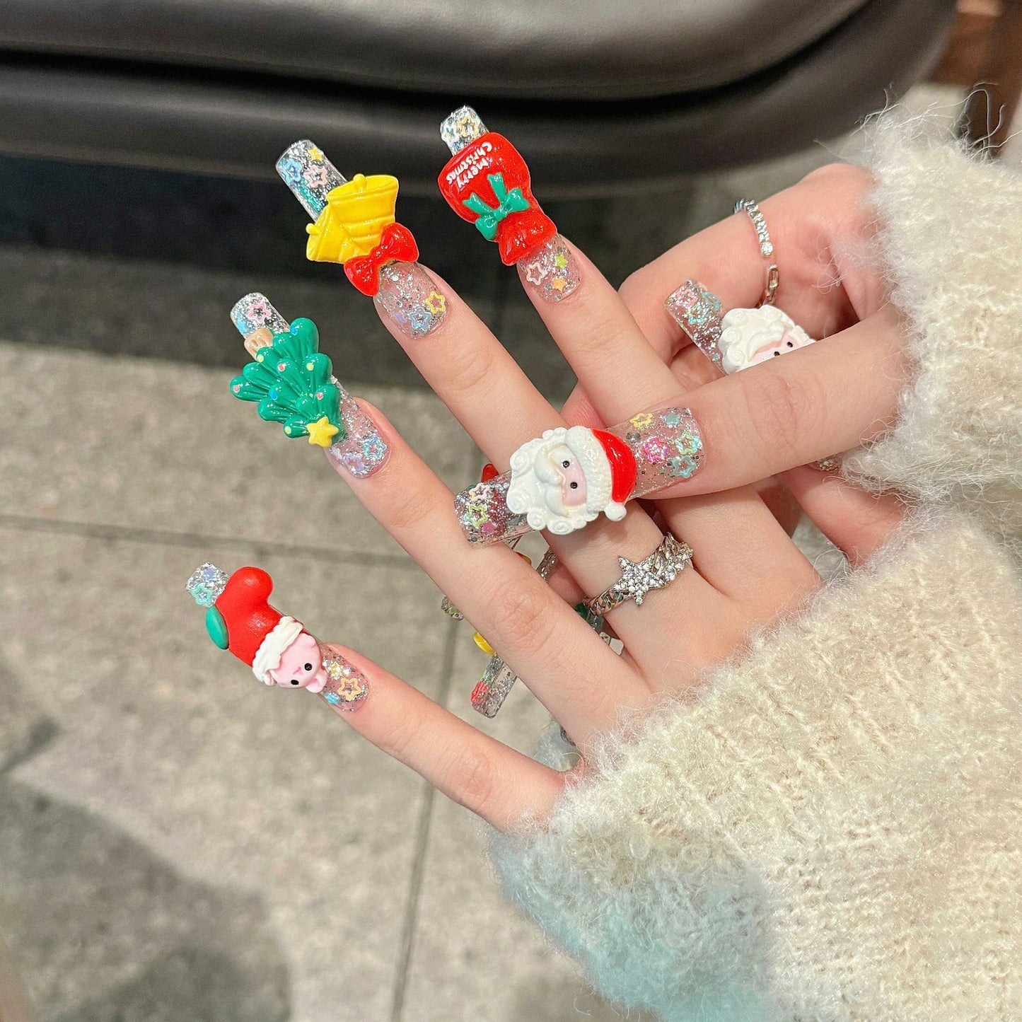 Festive 3D Christmas Press‑On Nails – Santa, Tree & Gift Glitter Long Design