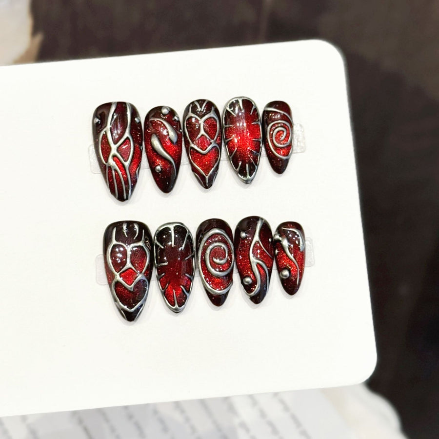 365nails: "Crimson Spell" – 3D Abstract Swirl Handmade Stiletto Nails