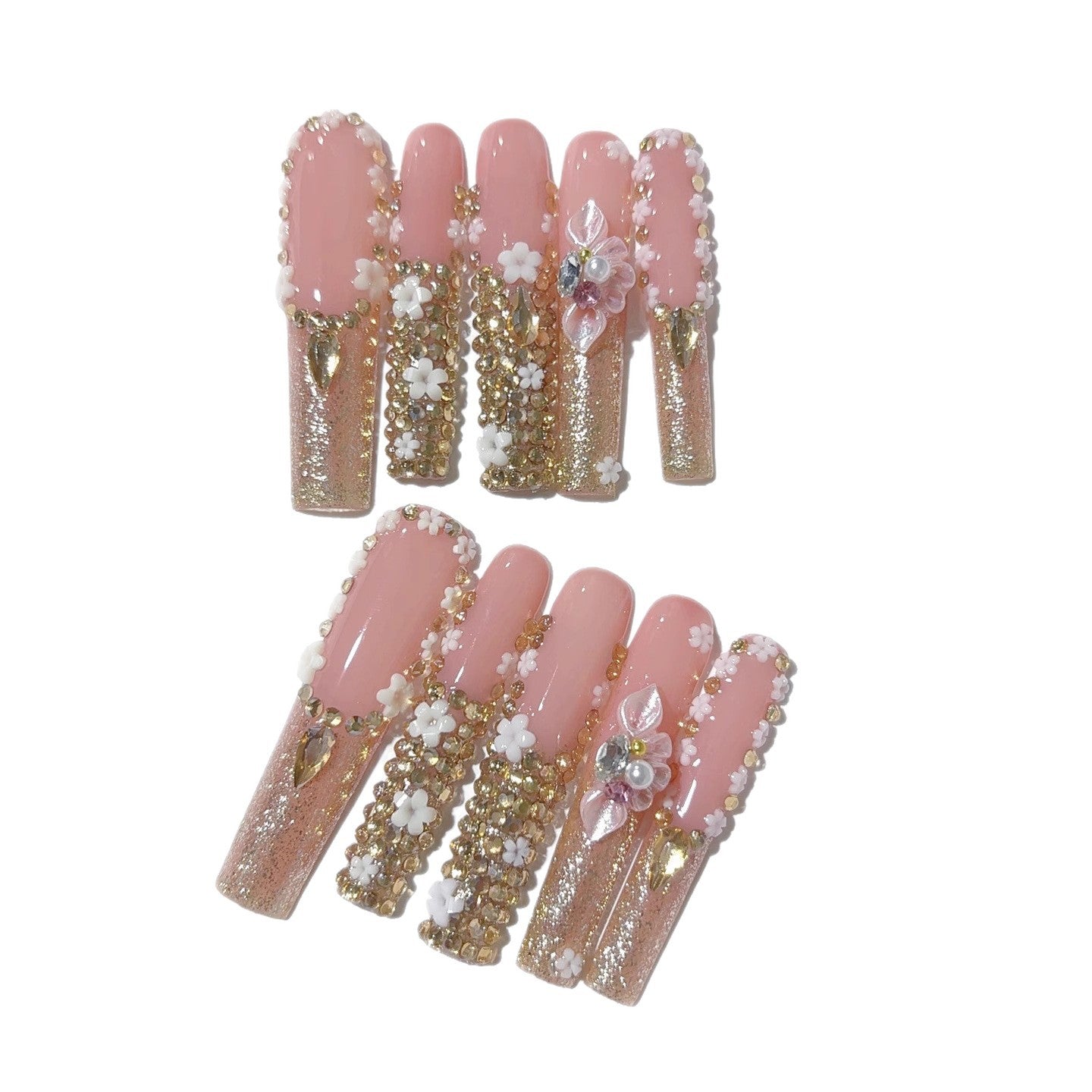Blush Gold Floral Crystal Luxury Press On Nails