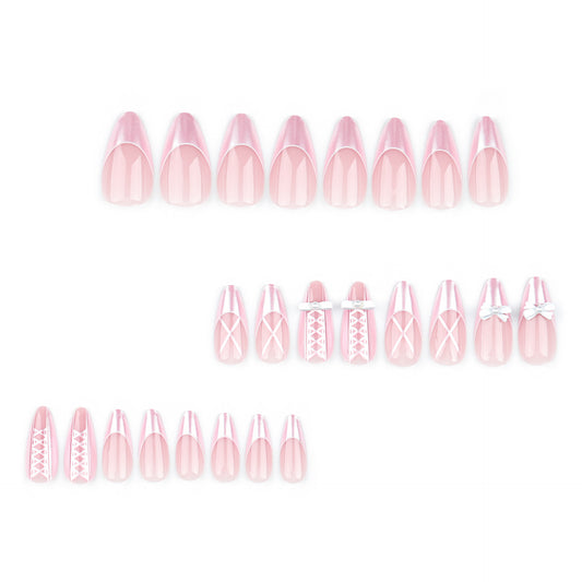 Wearable  Sweet girl French pink manicure Bow Pearl staggered almond  wholesale｜365nails