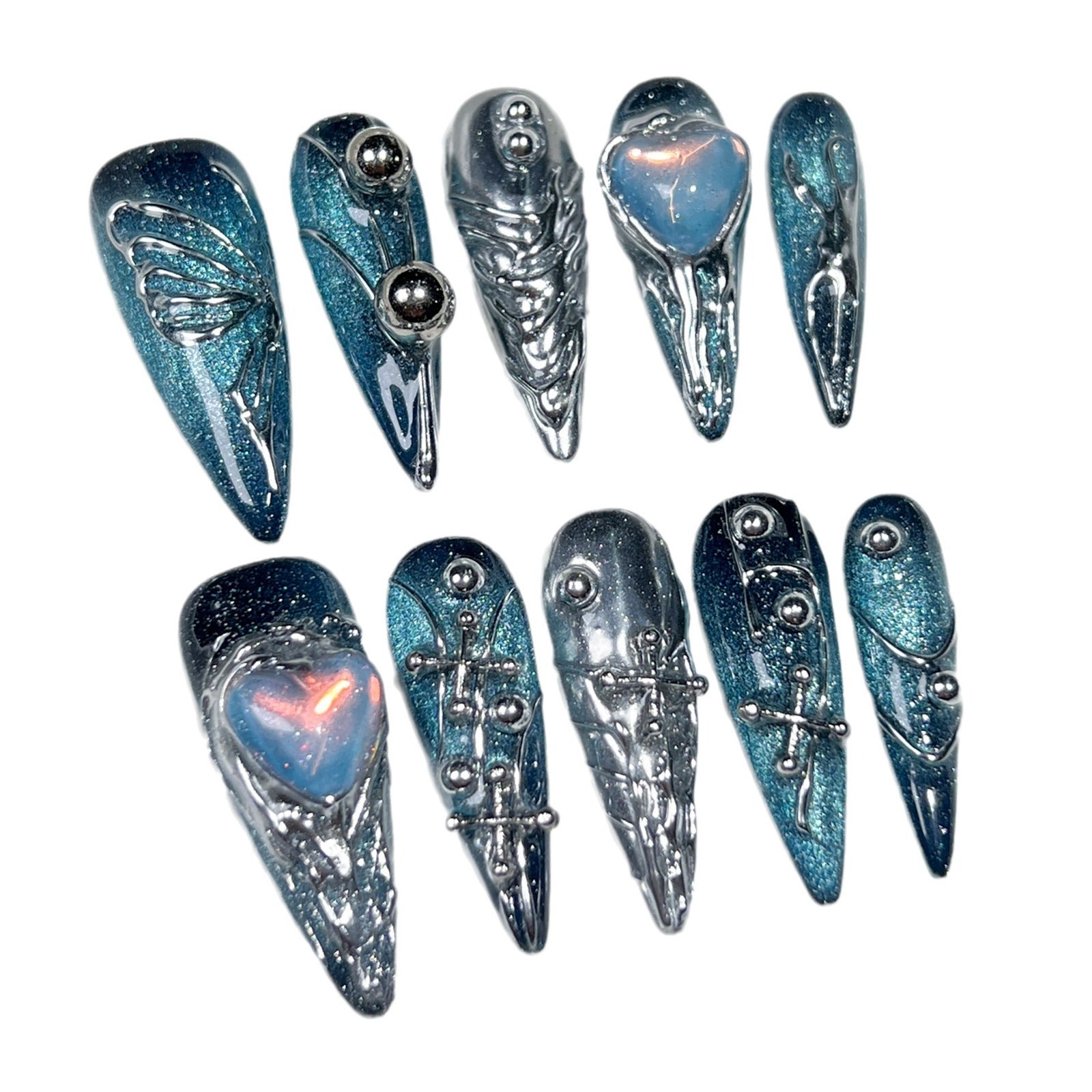 Cyber Heart Armor Long Press-On Nails