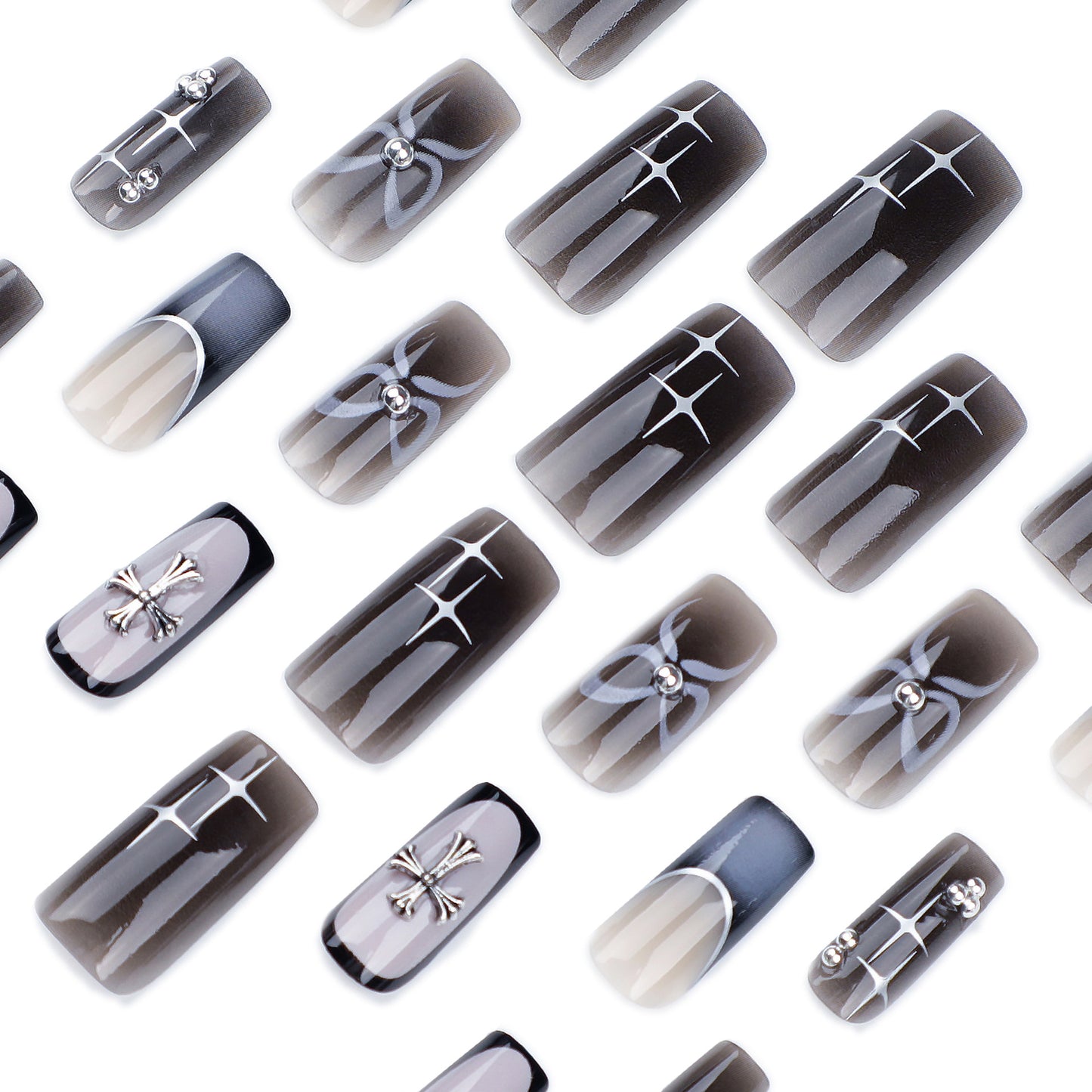 hot-selling square press-on nails French black smudge nail cross nail piece star bow fake nail｜365nails