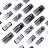 Uñas postizas cuadradas de gran venta, con diseño francés negro difuminado, con forma de cruz y lazo de estrella | 365nails