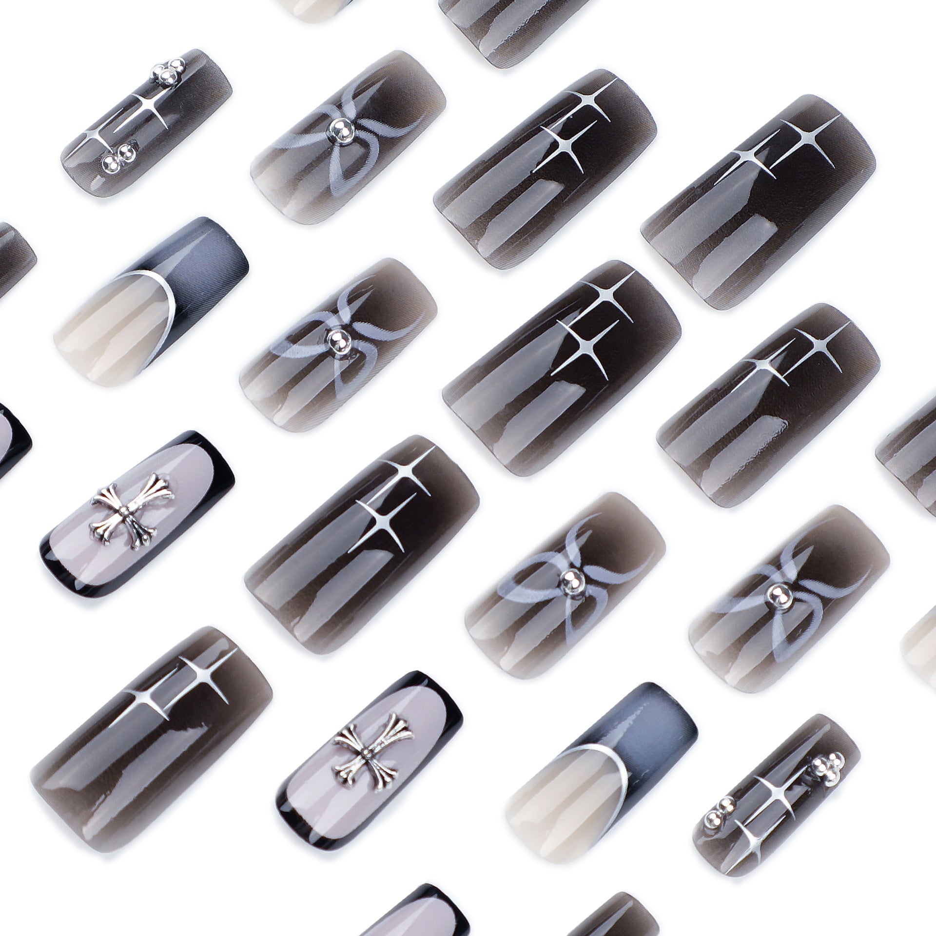 Uñas postizas cuadradas de gran venta, con diseño francés negro difuminado, con forma de cruz y lazo de estrella | 365nails