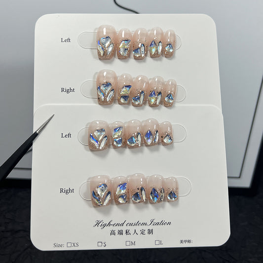 Summer fresh moonlight blue bright diamond short manicure patch detachable fake nails pure handmade press-on nails wholesale｜365nails
