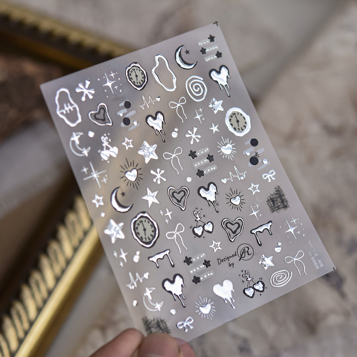 Silver Metallic Drip Heart Nail Stickers – Celestial Star Moon Clock Set