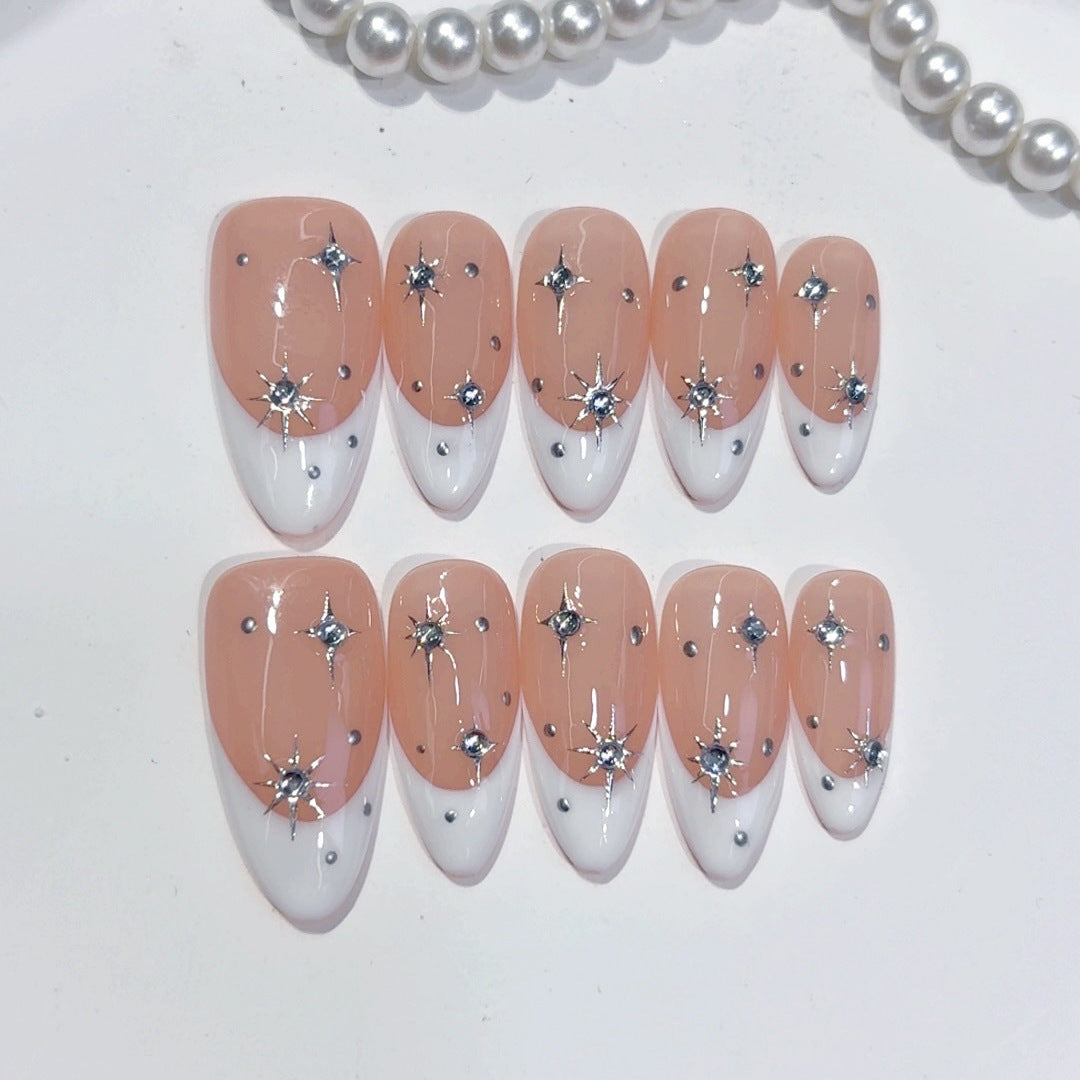 Starry French: "Silver Star" – Almond Press-On Nails