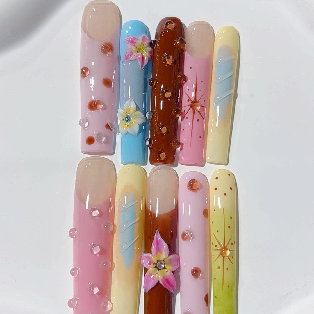 Sweet Amber Floral Gradient Crystal Art Press On Nail Set
