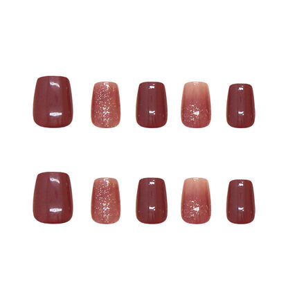 Nail Tips  prefabricated nail press on nails gold powder removable nail piece burgundy short T nail patch diamond ｜365nails