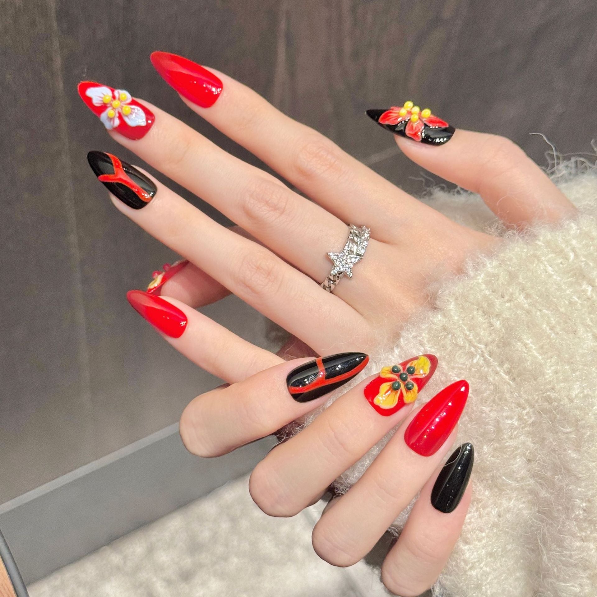 365nails: "Fiery Blossom" – 3D Floral & Abstract Handmade Almond Nails