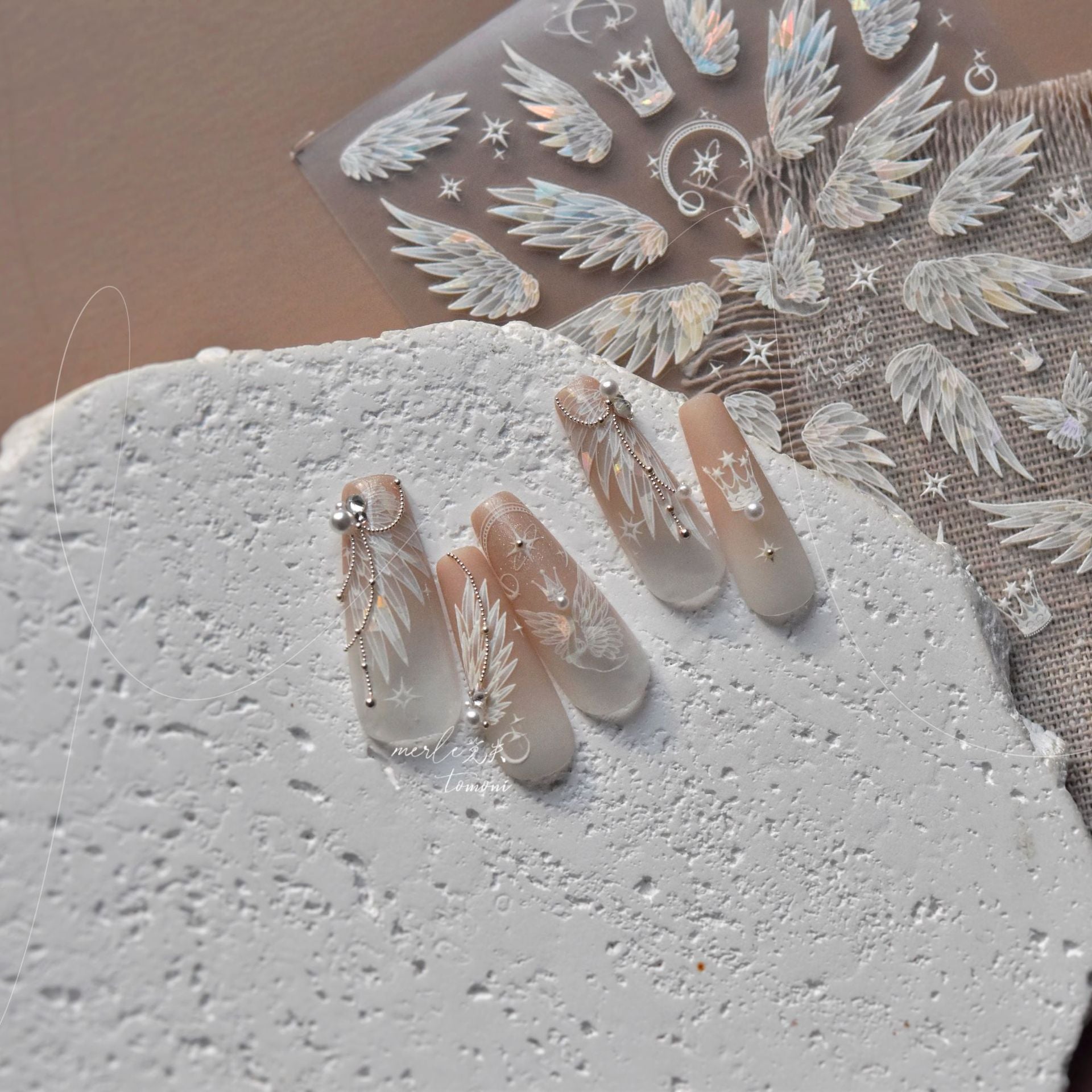 Angel Wings & Crown: "Iridescent Pearl" – 3D Nail Sticker