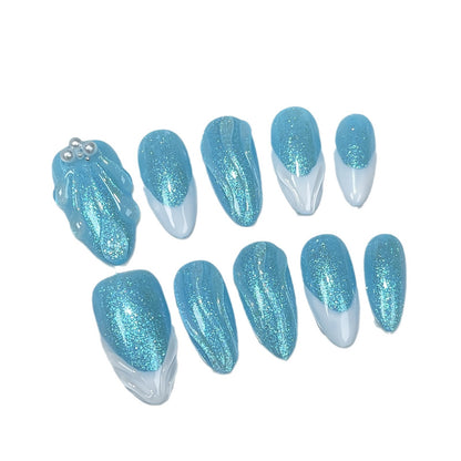 Mermaid Ji  French Almond Armor Simple Ocean Blue Shell Pattern Atmosphere Handmade press on nails｜365nails