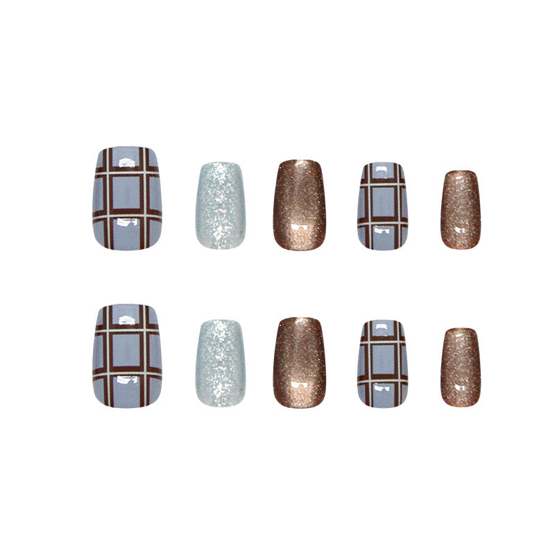 Nail Tips  prefabricated nail retro blue-brown contrasting color plaid fine flash cat eye removable nail patch 30 pieces｜365nails