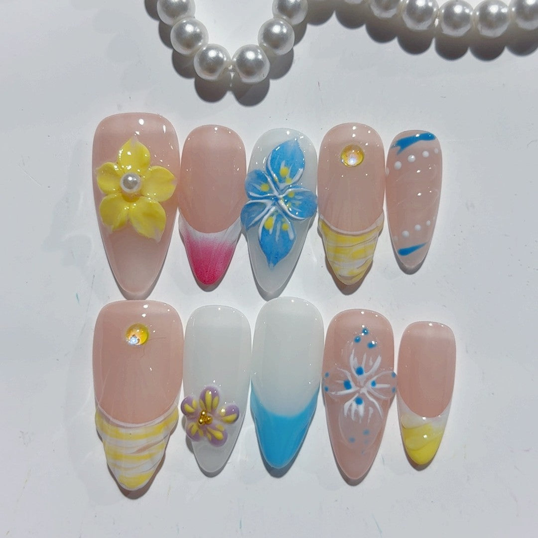 365nails-Spring Bloom: "Colorful Floral" – Alslmond Shape Handmade 3D Carved Press-On Nai