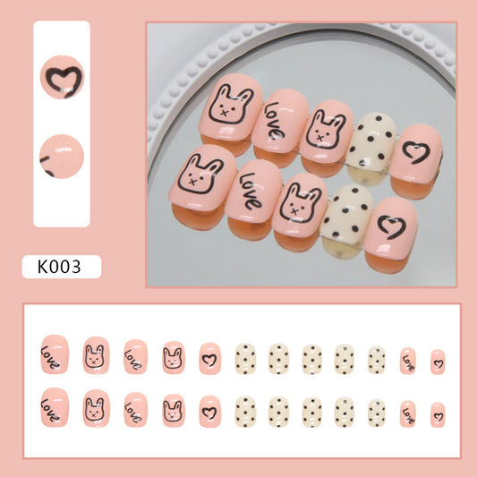 Short pink cute rabbit stick figure manicure love childlike sweet kids nails｜365nails