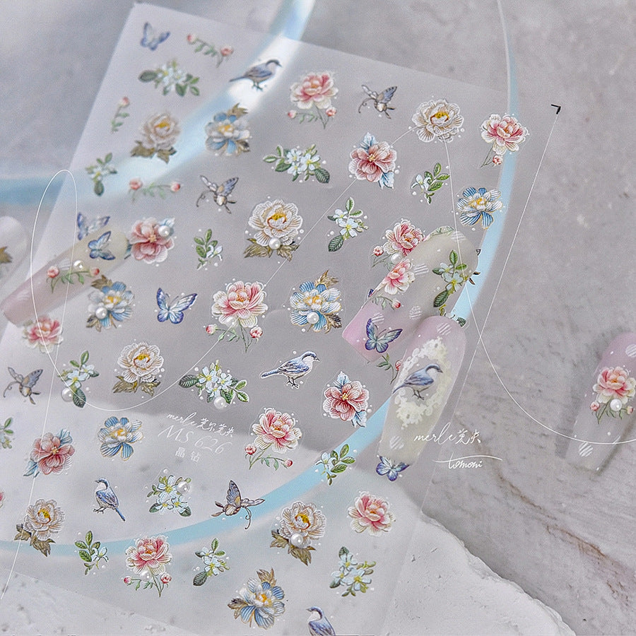 復古玫瑰與鳥蝶：「祕密花園」—5D 浮雕甲貼