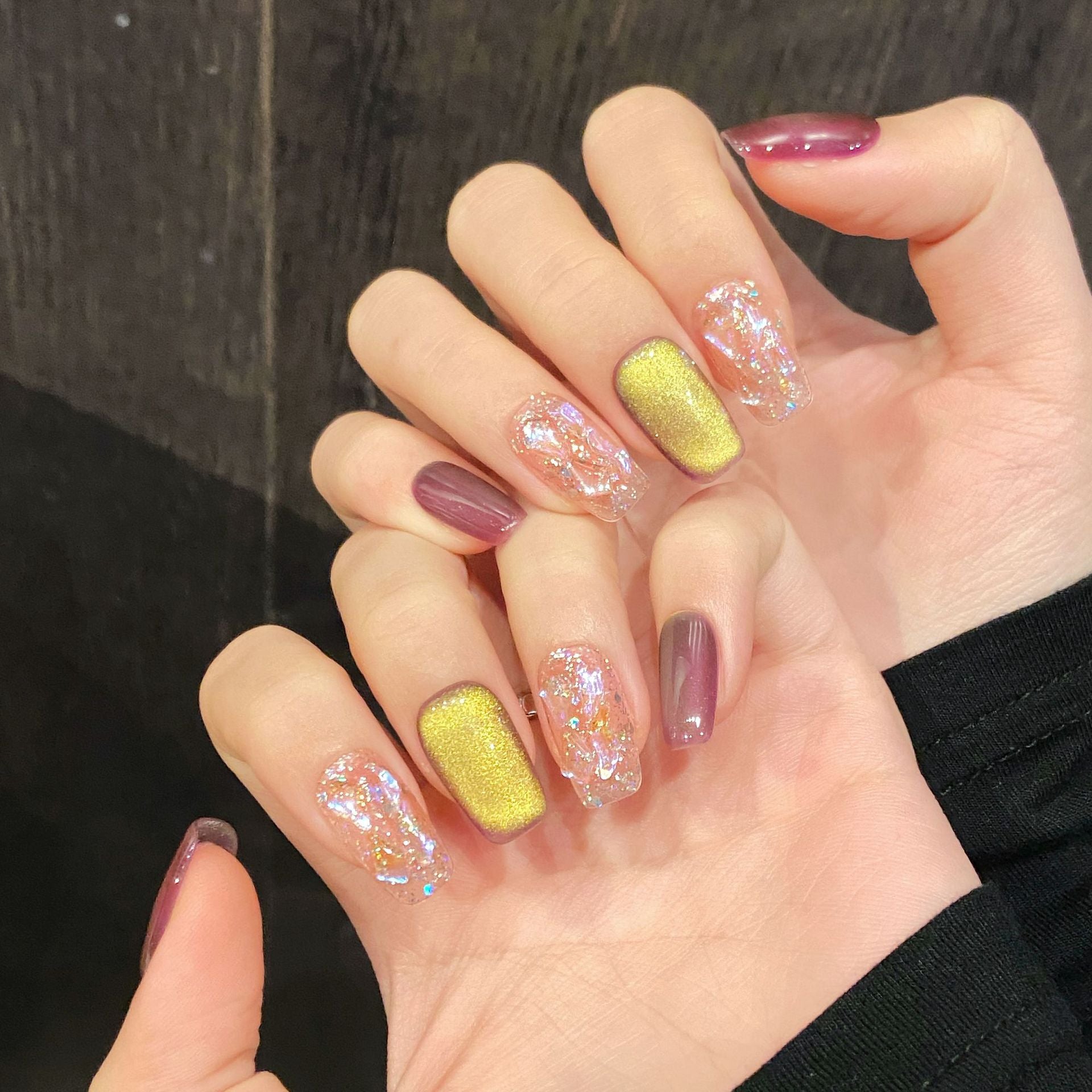 365nails: "호박빛 황혼" – 오로라 캣아이 & 쉘 아트 수제 스퀘어형 네일