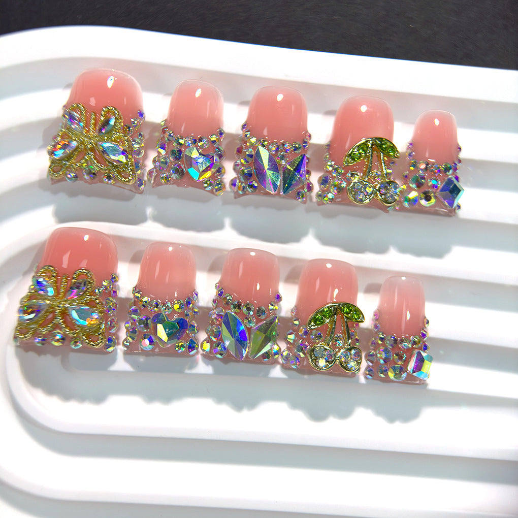 Pink Jelly Nails with Butterfly and Cherry Crystal Charms