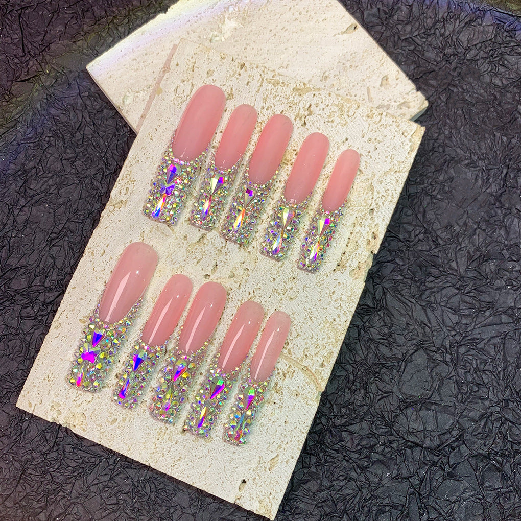 Pink Jelly Long Nails with AB Crystal Glam Tips