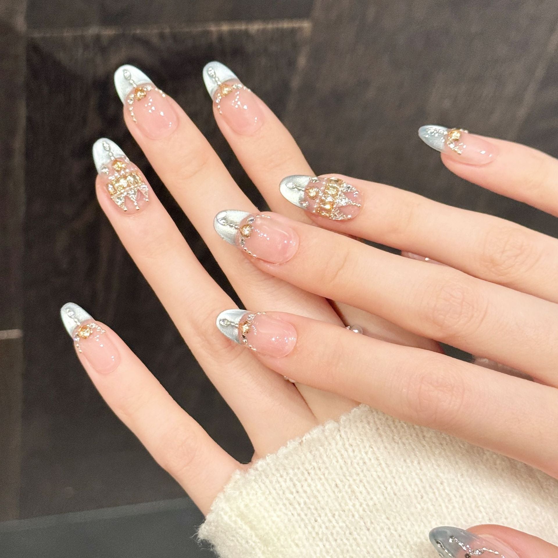 Pink Blue Crown Crystal Press On Nails