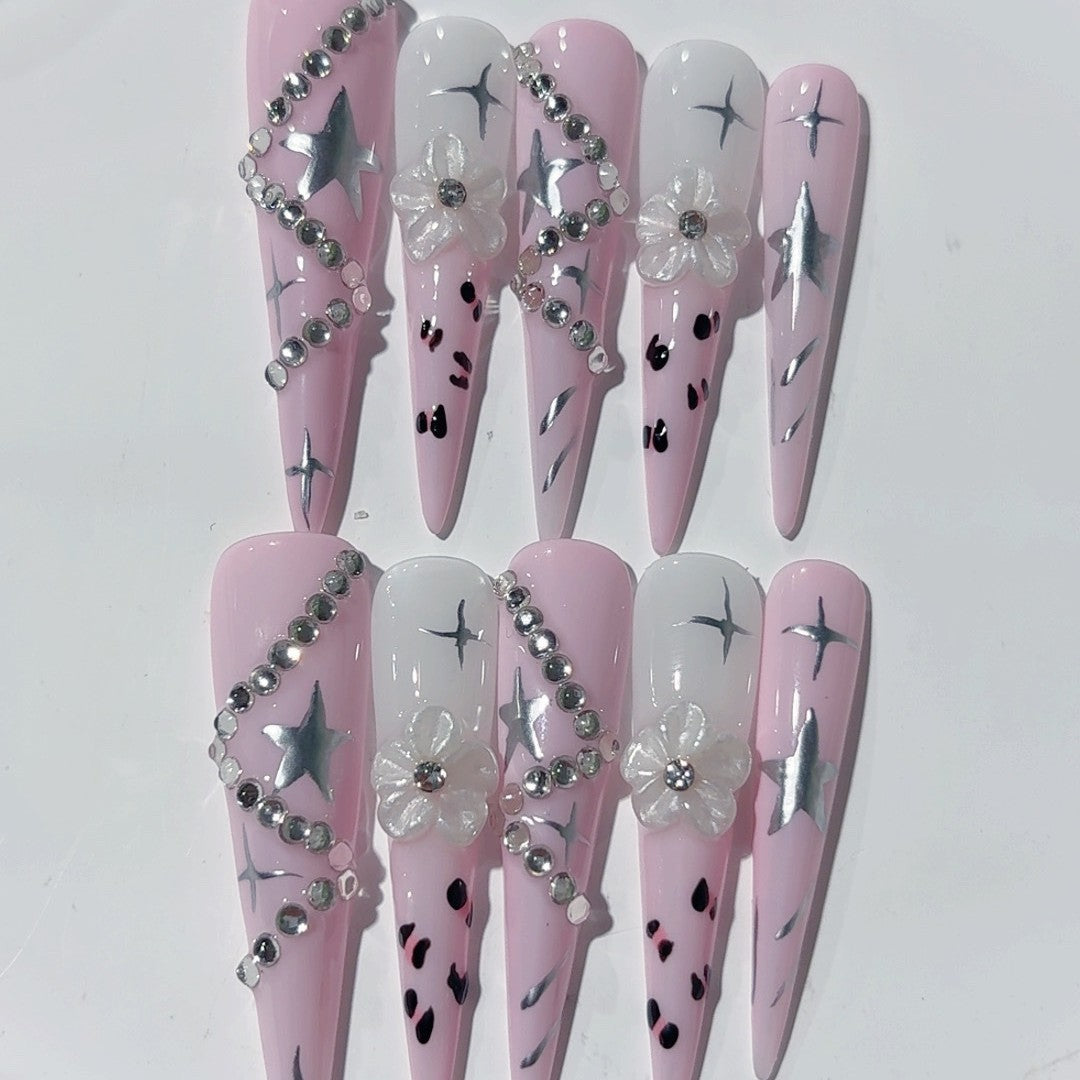 Conjunto de unhas postiças Pink Star Crystal Y2K