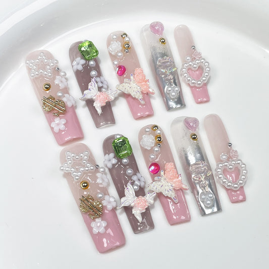Long water pipe manicure, sweet French two-color butterfly handmade armor,  wearable fake nail wholesale｜365nails