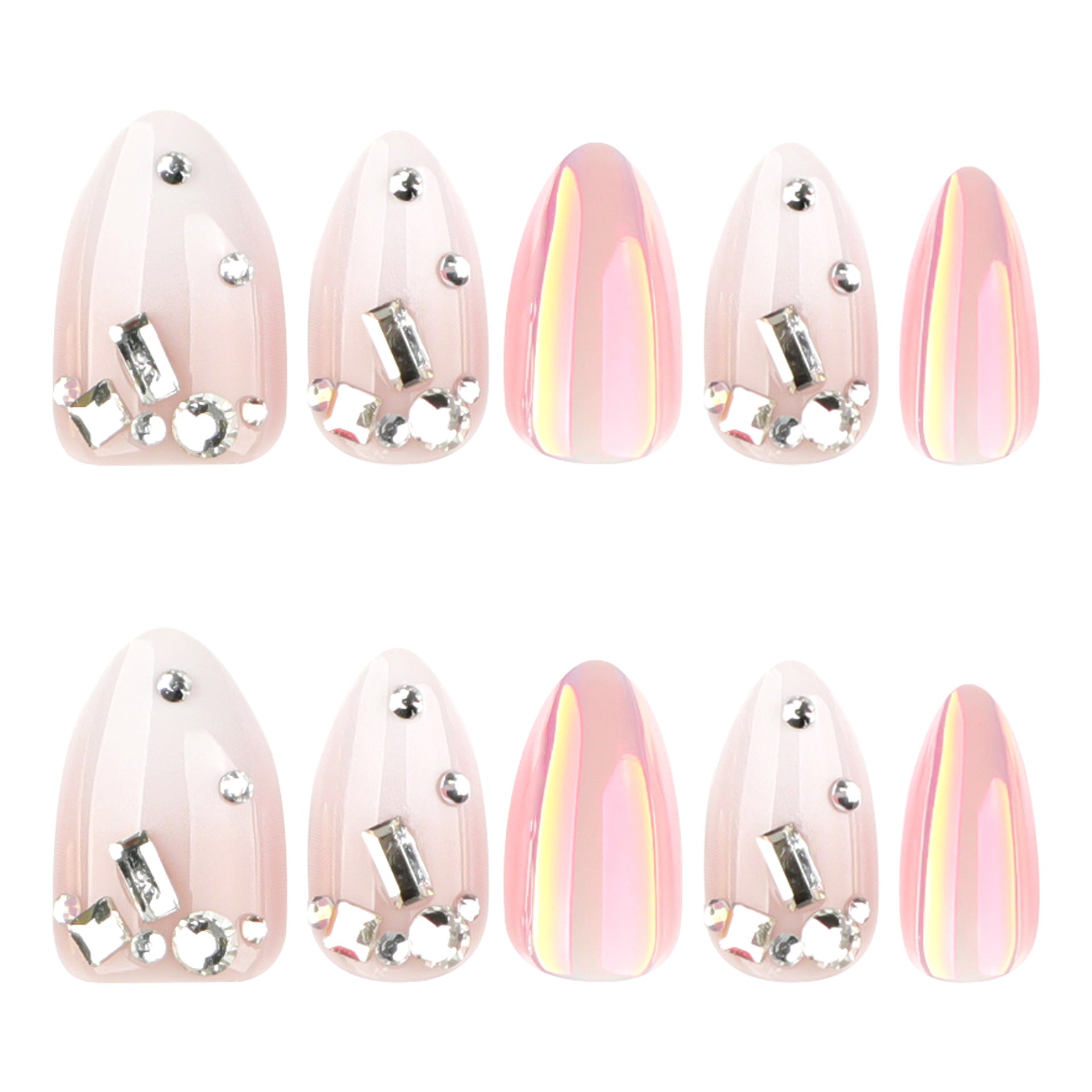 Iridescent Pearl Chrome Crystal Almond Nails