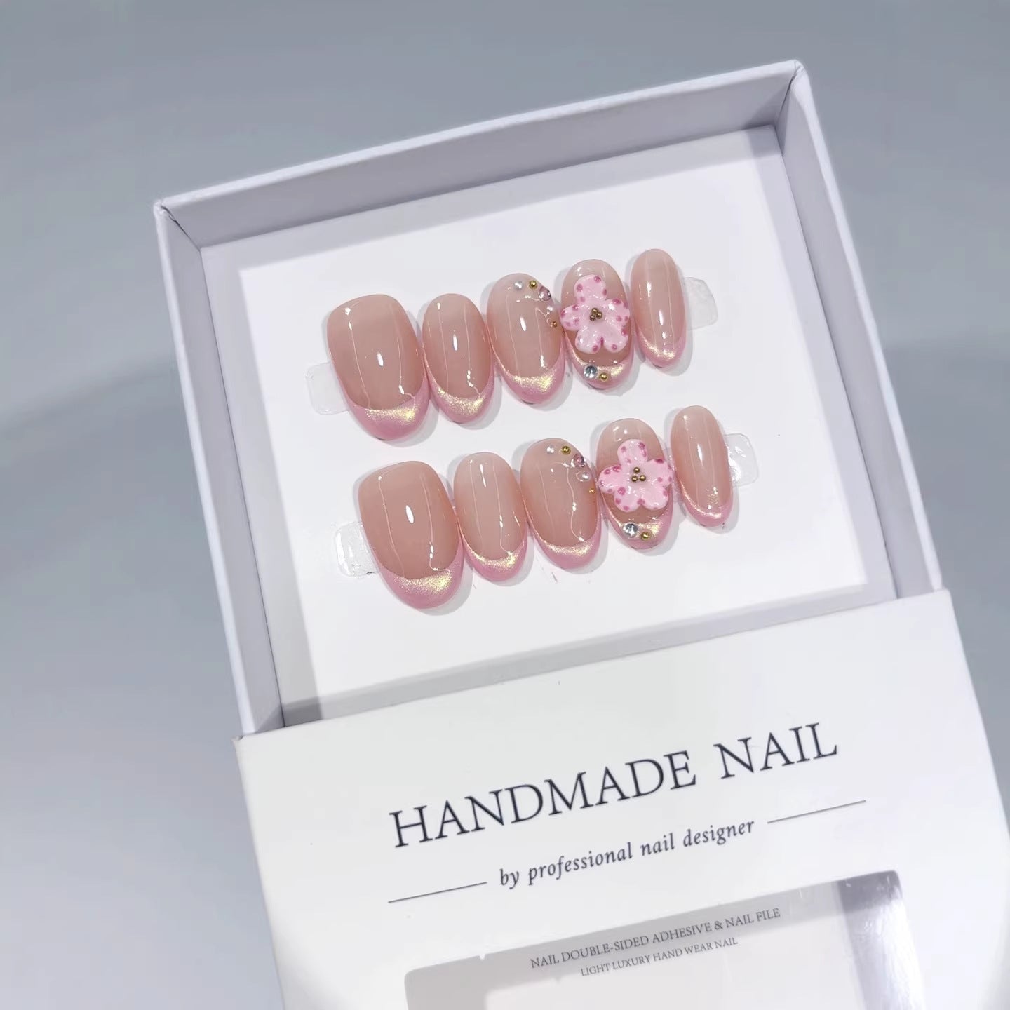 Sakura French: "Pink Flower & Magnetic Cat Eye" – Short Square Press-On Nails