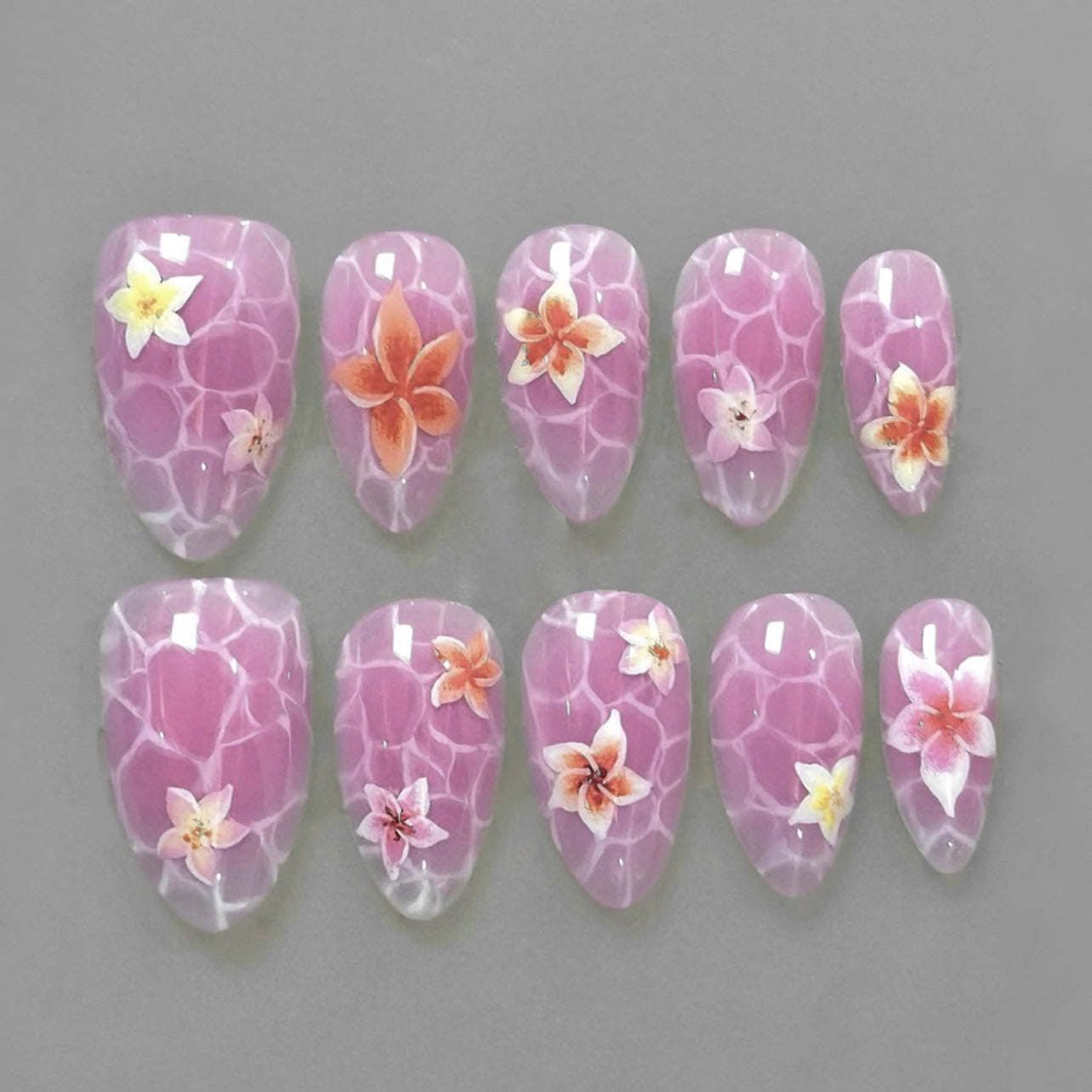 Uñas postizas con estampado de mármol, manicura fresca de verano con flores, almendra corta, ¡venta al por mayor! 365nails